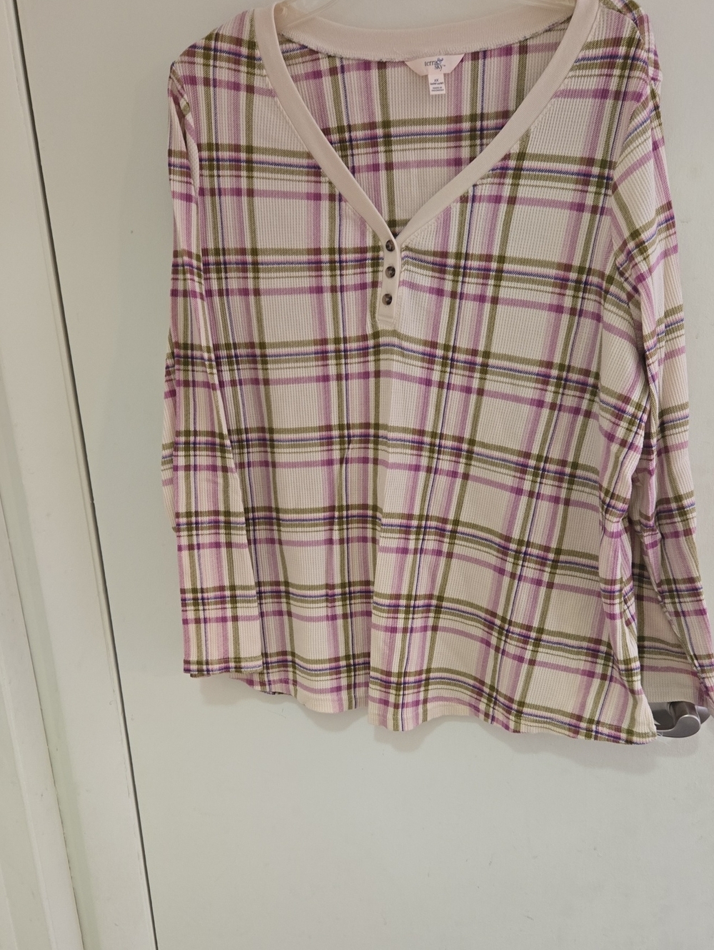 Terra & Sky Cream Plaid Henley Top with Purple & Green